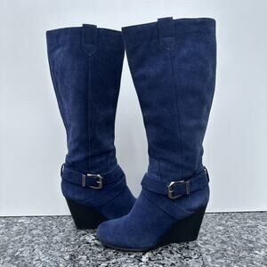BCBGENERATION PL Wilsa Navy Suede Wedge Knee High Boots Size 6/ 36